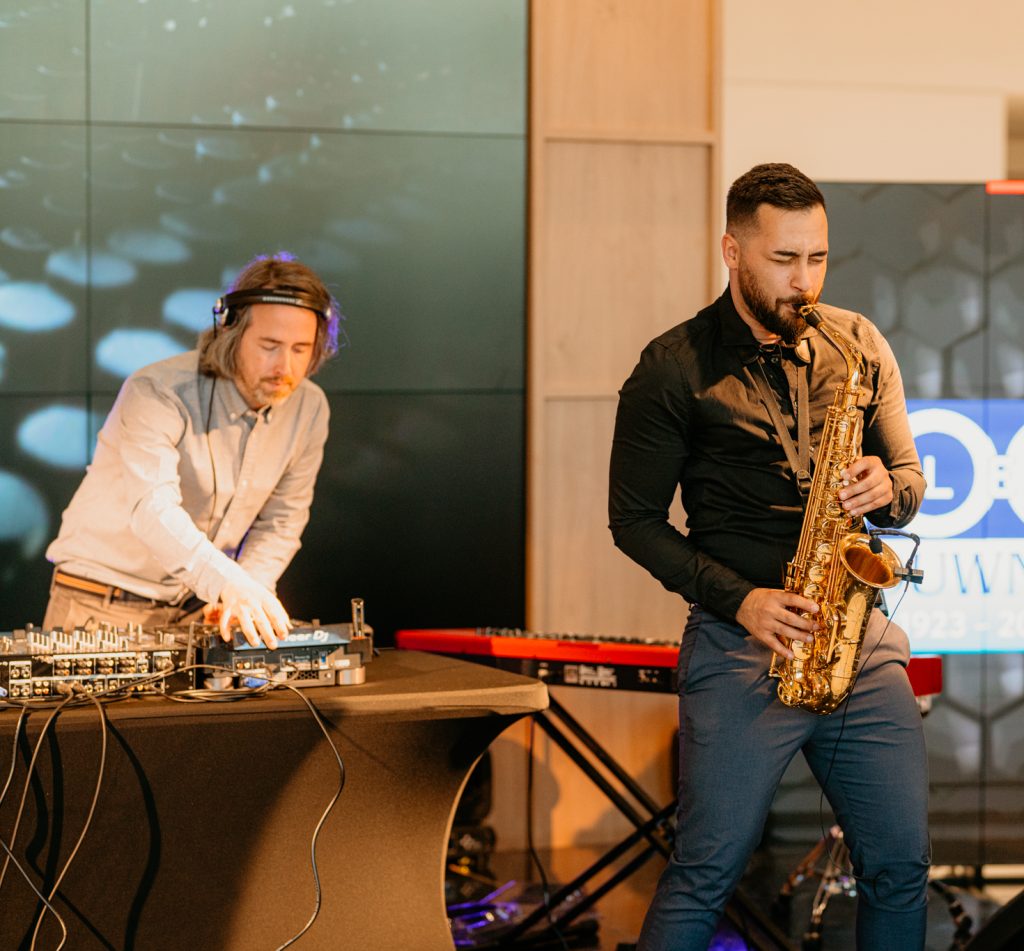 DJ Michal Pešina and saxophonist Johny Sax playing at a Toyota corporate event in Ústí nad Labem