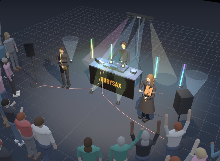 BURYSAX Show 3D – náhľad pódia s DJom, saxofonistom a huslistkou